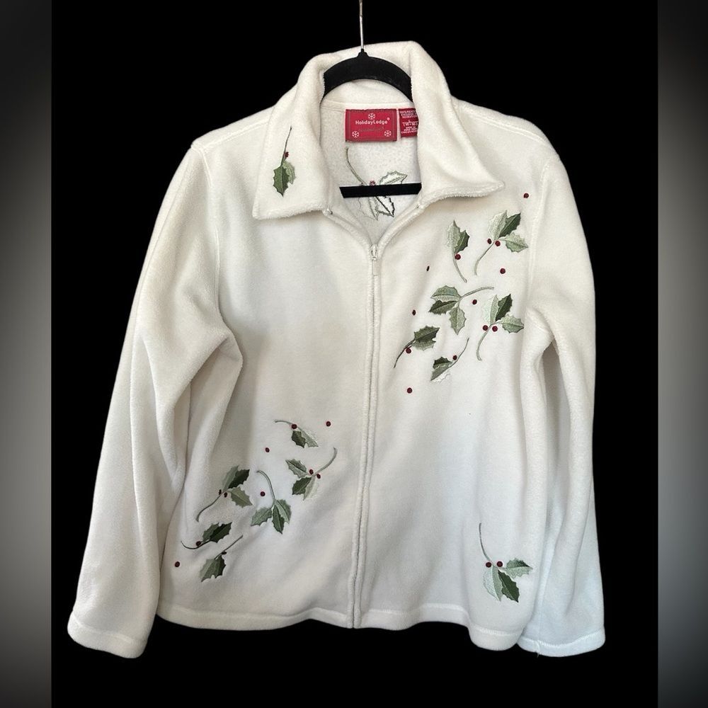 Vintage Holiday Lodge Fleece Zip Cardigan. Holly Pattern. Womens Size L